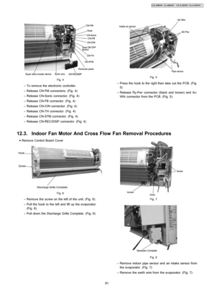 Page 61Fig. 4
 − To remove the electronic controller.
 − Release CN-FM connectors. (Fig. 4)
 − Release CN-Sonic connector. (Fig. 4)
 − Release CN-FB connector. (Fig. 4)
 − Release CN-ION connector. (Fig. 4)
 − Release CN-TH connector. (Fig. 4)
 − Release CN-STM connector. (Fig. 4)
 − Release CN-REC/DISP connector. (Fig. 4)
 • Remove Control Board Cover
Fig. 6
 − Remove the screw on the left of the unit. (Fig. 6)
 − Pull the hook to the left and lift up the evaporator.
(Fig. 6)
 − Pull down the Discharge Grille...