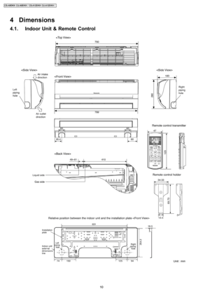 Page 104 Dimensions
4.1. Indoor Unit & Remote Control
10
CS-A9DKH CU-A9DKH / CS-A12D KH CU-A12D KH / 