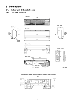 Page 1111
5 Dimensions
5.1. Indoor Unit & Remote Control
5.1.1. CS-A9EK CS-A12EK 