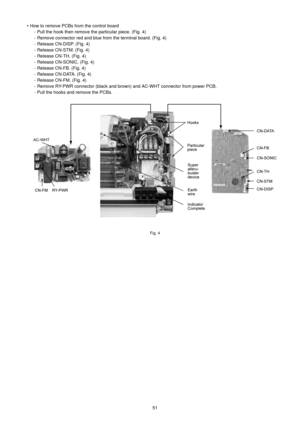 Page 5151 • How to remove PCBs from the control board
- Pull the hook then remove the particular piece. (Fig. 4)
- Remove connector red and blue from the terminal board. (Fig. 4)
- Release CN-DISP. (Fig. 4)
- Release CN-STM. (Fig. 4)
- Release CN-TH. (Fig. 4)
- Release CN-SONIC. (Fig. 4)
- Release CN-FB. (Fig. 4)
- Release CN-DATA. (Fig. 4)
- Release CN-FM. (Fig. 4)
- Remove RY-PWR connector (black and brown) and AC-WHT connector from power PCB.
- Pull the hooks and remove the PCBs.
Fig. 4 