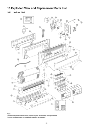 Page 6363
16 Exploded View and Replacement Parts List
16.1. Indoor Unit
Note:
The above exploded view is for the purpose of parts disassembly and replacement. 
The non-numbered parts are not kept as standard service parts. 