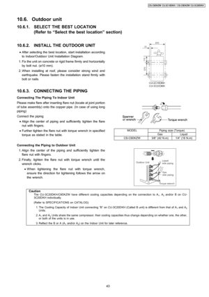 Page 4310.6. Outdoor unit
10.6.2. INSTALL THE OUTDOOR UNIT
 • After selecting the best location, start installation according
to Indoor/Outdoor Unit Installation Diagram.
 1. Fix the unit on concreteor rigid frame firmly and horizontally
by bolt nut. (ø10 mm).
 2. When installing at roof, please consider strong wind and
earthquake. Please fasten theinstallation standfirmly with
bolt or nails.
10.6.3. CONNECTING THE PIPING
Connecting The Piping To Indoor Unit
Please make flare after inserting flare nut (locate...