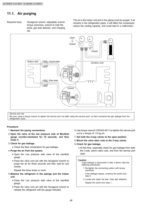 Page 4811.1. Air purging
Required tools: Hexagonal wrench, adjustable wrench,
torque wrenches, wrench to hold the
joints, gas leak detector, and charging
set.
 1. Recheck the piping connections.
 2. Open thevalve of the lowpressure side of Manifold
gauge counter-clockwise for 10 seconds, and then
close it.
 3. Check for gas leakage.
 • Check the flare connections for gas leakage.
 4. Purge the air from the system.
 • Open the Low pressure side valve of the manifold
gauge.
 • Press the valve core pin with the...