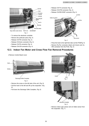 Page 55Fig. 4
 − To remove the electronic controller.
 − Remove the particular piece (Fig. 4)
 − Release CN-FM connector (Fig. 4)
 − Release CN-Sonic connector (Fig. 4)
 − Release CN-FB connector (Fig. 4)
 − Release CN-ION connector (Fig. 4)
 • Remove Control Board cover
Fig. 6
 − Remove the screw on the left side of the unit. (Fig. 6)
 − Pull the hook to the left and lift up the evaporator. (Fig.
6)
 − Pull down the Discharge Grille Complete. (Fig. 6) − Release CN-TH connector (Fig. 4)
 − Release CN-STM...