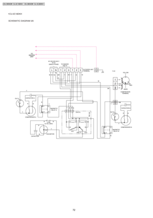 Page 72FUSE
TO 
OUTDOOR
SCHEMATIC DIAGRAM 5/6CU-2C18DKH
1
2
3
BLUE
RED
MARK
COMPRESSOR
TERMINALYELLOW
AC 220-230-240 V
50 Hz
SINGLE PHASETO INDOOR
UNIT B
OUTDOOR UNIT
TERMINALLN123123
TO
INDOOR
UNIT
OLP A
OLP B Y
Y Y
Y CAPACITOR A
CAPACITOR FAN MOTORRY1
RY2 CN-CTL
FM2 (Y)
FM1 (B)COMPRESSOR ACAPACITOR B
COMPRESSOR B MAGNETIC
RELAY A
MAGNETIC
RELAY B FUSE
(3.15A, 250V) R
R B
RB B
BBB BW
YYY
Y
W
W W W
BL
B
B
B BR
BR
BL BR
3
11
1
7 A
B
12
113
1
A
B
BL 12 1
72
CS-C9DKZW CU-2C18DKH / CS-C9DKZW CU-3C20DKH 