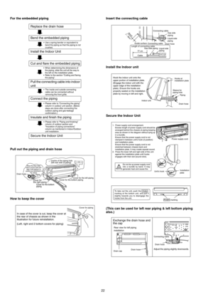 Page 2222 For the embedded piping
Pull out the piping and drain hose
How to keep the coverInsert the connecting cable
Install the Indoor unit
Secure the Indoor Unit
(This can be used for left rear piping & left bottom piping 
also.) 