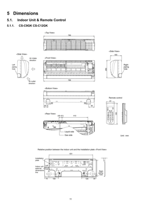 Page 1111
5 Dimensions
5.1. Indoor Unit & Remote Control
5.1.1. CS-C9GK CS-C12GK 