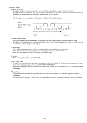 Page 4141 3. Control Content
a. Indoor fan control
 During any operation mode combines with e-ion operation, fan speed follows respective operation mode.
 During e-ion individual operation - only Auto Fan Speed and no Powerful operation is allowed. Even if Fan Speed button
is pressed, no signal is sent to air conditioner, and no change on LCD display.
Auto Fan Speed for e-ion operation switches between HLo and CLo at pattern below:
b. Airflow direction control
 During any operation mode combines with e-ion...