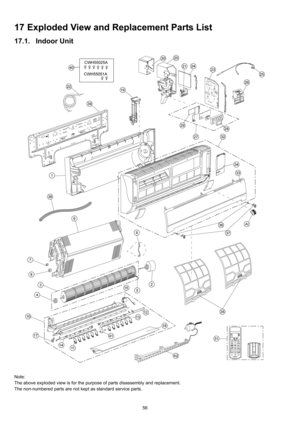 Page 5656
17 Exploded View and Replacement Parts List
17.1. Indoor Unit
Note:
The above exploded view is for the purpose of parts disassembly and replacement. 
The non-numbered parts are not kept as standard service parts. 