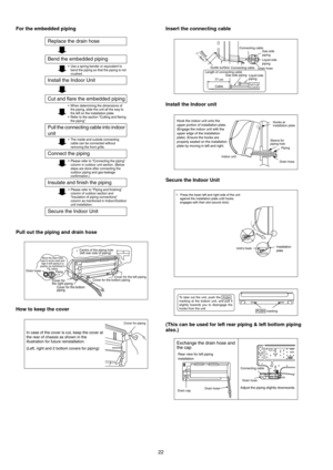 Page 2222 For the embedded piping
Pull out the piping and drain hose
How to keep the coverInsert the connecting cable
Install the Indoor unit
Secure the Indoor Unit
(This can be used for left rear piping & left bottom piping 
also.) 