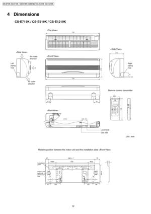 Page 124 Dimensions
12
CS-E719K CU-E7 19K / CS-E919K CU-E9 19K / CS-E1219K CU-E1219 K 