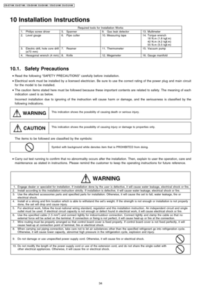 Page 3410 Installation Instructions
Required tools for Installation Works
1.Philips screw driver5.Spanner9.Gas leak detector13.Multimeter
2.Level gauge6.Pipe cutter10.Measuring tape14.Torque wrench
18 N.m (1.8 kgf.m)
42 N.m (4.2 kgf.m)
55 N.m (5.5 kgf.m)
3.Electric drill, hole core drill
(ø70 mm)7.Reamer11.Thermometer15.Vacuum pump
4.Hexagonal wrench (4 mm)8.Knife12.Megameter16.Gauge manifold
10.1. Safety Precautions
 • 
Read the followin g“SAFET Y PRECA UTIONS”carefully before installation.
 • 
Electrical work...