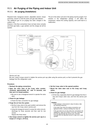 Page 45Required tools: hexagonal wrench, adjustable wrench, torque
wrenches, wrench to hold the joints and gas leak detector.
The addition al gas for air purging has been charged in the
outdoor unit.
However, if the flare connections have not been done correctly
and there gas leaks, a gas cylinde r and the charge set will be
needed .
 1. Recheck the piping connec tions.
 2. Open the valvestem of the 2-wayvalve counter-
clockwise approximately 90°, wait 10second s, and
then set it to closed position.
 • Be sure...