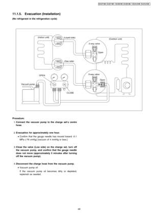 Page 49(No refrigerant in the refrigeration cycle)
 1. Connect the vacuum pump to the charge set’s centre
hose.
 2. Evacuation for approximately one hour.
 • Confirm that the gauge needle has moved toward -0.1
MPa (-76 cmHg) [vacuum of 4 mmHg or less.]
 3. Close thevalve(Low side) on the charge set, turn off
the vacuum pump, and confirm that the gauge needle
does not move (approximately 5 minutes after turning
off the vacuum pump).
 4. Disconnect the charge hose from the vacuum pump.
 • Vacuum pump oil
If the...