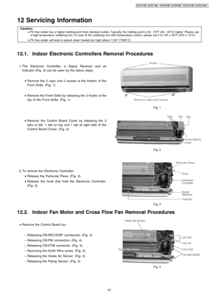 Page 51 1. The Electronic Controller, a Signal Receiver and an
Indicator (Fig. 3) can be seen by the below steps:
 • Remove the 2 caps and 2 screws at the bottom of the
Front Grille. (Fig. 1)
 • Remove the Front Grille by releasin g the 2 hooks at the
top of the Front Grille. (Fig. 1)
 • Remove the Control Board Cover by releasin g the 2
tabs at left, 1 tab on top and 1 tab at right side of the
Control Board Cover. (Fig. 2)
 2. To remove the Electronic Controller:
 • Release the Particular Piece. (Fig. 3)
 •...