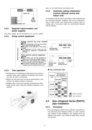 Page 62.4.2. Separate indoor/outdoor unit
power supplies
The power supply can be connected to (1) just the outdoo r
2.4.5. Twin operation
 
    • 
• •  • 
Simultaneous air conditioning of wide spaces and corners is
possible. Indoor units of different horsepowers and models
can even be used in combination.
 
    • 
• •  • 
Master unit and slave-units can be set automatically in twin
systems. No address setting is necessary.
 
    • 
• •  • 
Multiple indoor units can be operated simultaneousl y with a
single...