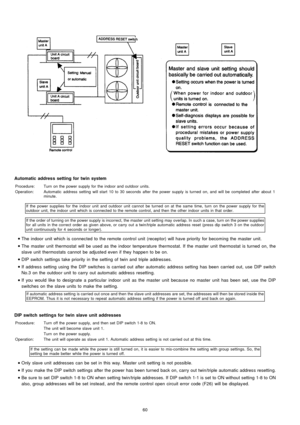 Page 60Automatic address setting fortwinsystem
Procedure:Turn on the power supply for the indoor and outdoor units.
Operation:Automatic address setting will start 10 to 30 seconds after the power supply is turned on, and will be completed after about 1
minute.
If the power supplies for the indoor unit and outdoor unit cannot be turned on at the same time, turn on the power supply for the
outdoor unit, the indoor unit which is connected to the remote control, and then the other indoor units in that order.
If the...