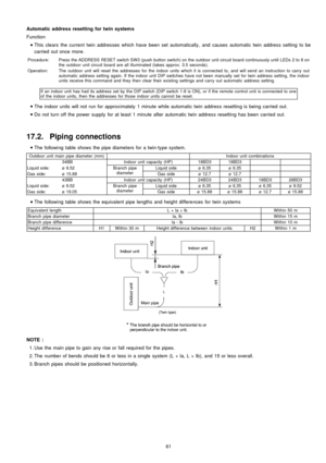 Page 61Function Automatic address resetting fortwinsystem s
 
    • 
• •  • 
This clears the current twin addresses which have been set automatically , and causes automatic twin address setting to be
carried out once more.
Procedure:Press the ADDRESS RESET switch SW3 (push button switch) on the outdoor unit circuit board continuously until LEDs 2 to 8 on
the outdoor unit circuit board are all illuminated (takes approx. 3.5 seconds).
Operation:The outdoor unit will reset the addresses for the indoor units which...