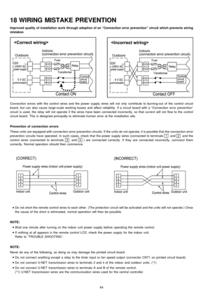 Page 6418 WIRING MISTAKE PREVENTION
Improved quality of installation work through adoption of an “Connection error prevention” circuitwhichpreven ts wiring
mistakes
Conne ction errors with the control wires and the power supply wires will not only contribute to burning-out of the control circuit
board, but can also cause large-scale working losses and affect reliability. If a circuit board with a “Connection error prevention”
circuit is used, the relay will not operate if the wires have been connected...