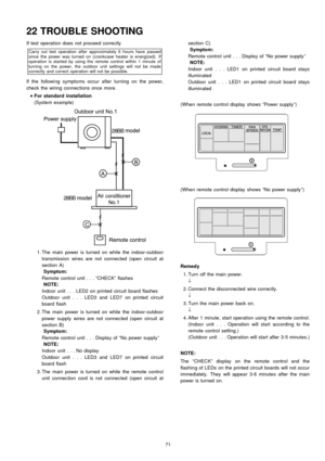 Page 71If test operation does not proceed correctly
Carry out test operation after approximately 6 hours have passed
since the power was turned on (crankcase heater is energized). If
operation is started by using the remote control within 1 minute of
turning on the power, the outdoor unit settings will not be made
correctly and correct operation will not be possible.
If the following symptoms occur after turning on the power,
check the wiring connections once more.
 
    • 
• •  • 
For standard installation...