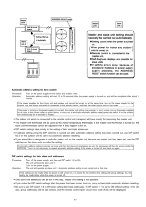 Page 67Automatic address setting fortwinsystem
Procedure:Turn on the power supply for the indoor and outdoor units.
Operation:Automatic address setting will start 10 to 30 seconds after the power supply is turned on, and will be completed after about 1
minute.
If the power supplies for the indoor unit and outdoor unit cannot be turned on at the same time, turn on the power supply for the
outdoor unit, the indoor unit which is connected to the remote control, and then the other indoor units in that order.
If the...