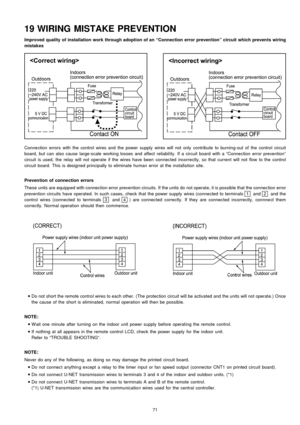 Page 7119 WIRING MISTAKE PREVENTION
Improved quality of installation work through adoption of an “Connection error prevention” circuitwhichpreven ts wiring
mistakes
Conne ction errors with the control wires and the power supply wires will not only contribute to burning-out of the control circuit
board, but can also cause large-scale working losses and affect reliability. If a circuit board with a “Connection error prevention”
circuit is used, the relay will not operate if the wires have been connected...