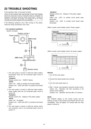 Page 78If test operation does not proceed correctly
Carry out test operation after approximately 6 hours have passed
since the power was turned on (crankcase heater is energized). If
operation is started by using the remote control within 1 minute of
turning on the power, the outdoor unit settings will not be made
correctly and correct operation will not be possible.
If the following symptoms occur after turning on the power,
check the wiring connections once more.
 
    • 
• •  • 
For standard installation...