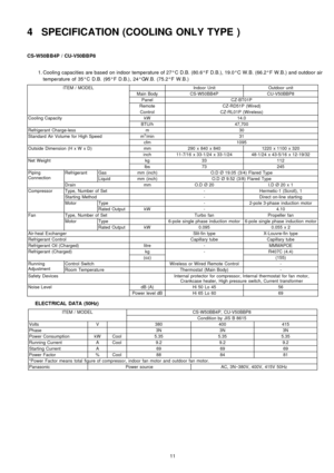 Page 114 SPECIFICATION (COOLING ONLY TYPE )
CS-W50B B4P / CU-V50BB P8
 1. Cooling capacities are based on indoor temperature of 27°C D.B. (80.6°F D.B.), 19.0°C W.B. (66.2°F W.B.) and outdoor air
temperature of 35°C D.B. (95°F D.B.), 24°CW.B.(75.2°F W.B.)
ITEM / MODELIndoor UnitOutdoor unit
Main BodyCS-W50BB4PCU-V50BBP8
PanelCZ-BT01P
RemoteCZ-RD51P (Wired)
ControlCZ-RL01P (Wireless)
Cooling CapacitykW14.0
BTU/h47,700
Refrigerant Charge-lessm30
Standard Air Volume for High Speedm3/min31
cfm1095
Outside Dimension...