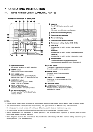 Page 267 OPERATING INSTRUCTION
7.1. Wired Remote Control (OPTIONAL PARTS)
NOTES:
 
    • 
• •  • 
Ensure that the correct button is pressed as simultaneous pressing of the multiple buttons will not make the setting correct.
 
    • 
• •  • 
The illustration above is for explan atory purposes only. The appearance will be different during actual operation.
 
    • 
• •  • 
Do not operate the remote control with wet hands. Otherwise, electric shock or malfun ction may occur.
 
    • 
• •  • 
Do not press the...