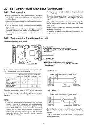 Page 4220.1. Test operation
 
    • 
• •  • 
Always be sure to use a properly-insu lated tool to operate
the switch on the circuit board. (Do not use your finger or a
metallic object).
 
    • 
• •  • 
Never turn on the power supply until all installa tion work has
been completed.
 
    • 
• •  • 
Turn on the circuit breaker before test operation extends
past 6 hours.
(The crankcase heater will become energized, which will
warm the compressor and prevent liquid compression.)
 
    • 
• •  • 
For three-phase...