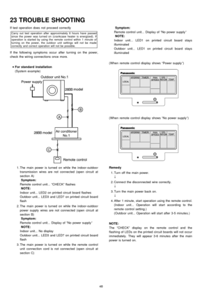 Page 48If test operation does not proceed correctly
Carry out test operation after approximately 6 hours have passed
since the power was turned on (crankcase heater is energized). If
operation is started by using the remote control within 1 minute of
turning on the power, the outdoor unit settings will not be made
correctly and correct operation will not be possible.
If the following symptoms occur after turning on the power,
check the wiring connections once more.
 
    • 
• •  • 
For standard installation...