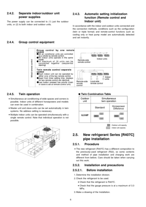 Page 62.4.2. Separate indoor/outdoor unit
power supplies
The power supply can be connected to (1) just the outdoo r
units, or (2) to both indoor and outdoor units.
2.4.5. Twin operation
 
    • 
• •  • 
Simultaneous air conditioning of wide spaces and corners is
possible. Indoor units of different horsepowers and models
can even be used in combination.
 
    • 
• •  • 
Master unit and slave-units can be set automatically in twin
systems. No address setting is necessary.
 
    • 
• •  • 
Multiple indoor units...