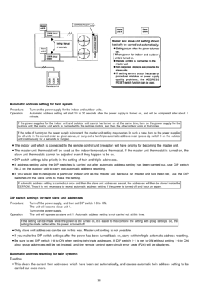 Page 38Function
Automatic address setting fortwinsystem
Procedure:Turn on the power supply for the indoor and outdoor units.
Operation:Automatic address setting will start 10 to 30 seconds after the power supply is turned on, and will be completed after about 1
minute.
If the power supplies for the indoor unit and outdoor unit cannot be turned on at the same time, turn on the power supply for the
outdoor unit, the indoor unit which is connected to the remote control, and then the other indoor units in that...