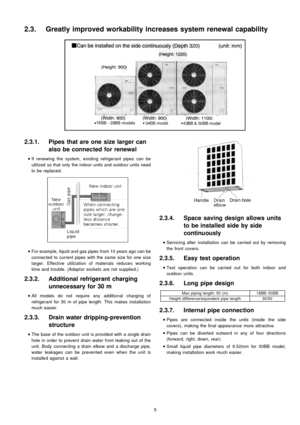 Page 52.3.1. Pipes that are one size larger can
also be connected for renewal
 
    • 
• •  • 
If renewing the system, existing refrigerant pipes can be
utilized so that only the indoor units and outdoo r units need
to be replaced.
 
    • 
• •  • 
For example, liquid and gas pipesfrom 10years ago can be
connected to current pipes with the same size for one size
larger. Effective utilization of materials reduces working
time and trouble. (Adaptor sockets are not supplie d.)
2.3.2. Additional refrigerant...