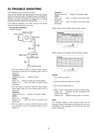 Page 49If test operation does not proceed correctly
Carry out test operation after approximately 6 hours have passed
since the power was turned on (crankcase heater is energized). If
operation is started by using the remote control within 1 minute of
turning on the power, the outdoor unit settings will not be made
correctly and correct operation will not be possible.
If the following symptoms occur after turning on the power,
check the wiring connections once more.
 
    • 
• •  • 
For standard installation...