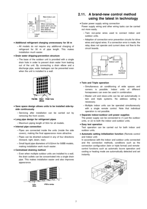 Page 7 
    • 
• •  • 
Additional refrigerant charging unnecessary for 30 m
 
    − 
− −  − 
All models do not require any additio nal charging of
refrigerant for 30 m of pipe length. This makes
installa tion much easier.
 
    • 
• •  • 
Drain water dripping-prevention structure
 
    − 
− −  − 
The base of the outdoo r unit is provided with a single
drain hole in order to prevent drain water from leaking
out of the unit. By connecting a drain elbow and a
discharge pipe, water leakages can be prevented even...