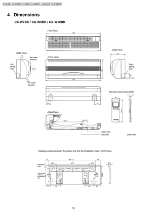 Page 124 Dimensions
12
CS-W7BKP CU-W7BKP5 / CS-W9BKP CU-W9BKP5 / CS-W12BKP CU-W12BKP5 