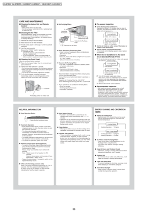 Page 36■Pre-season Inspection●Is the discharged air cold/warm?
Operation is normal if 15 minutes after the start of
operation, the difference between the air intake and
outlet vents temperature is:-
●Are the air intake or outlet vents of the indoor or
outdoor units obstructed?
●Are the remote control batteries weak?
If the remote control display appears weak, replace
the batteries.
■When the Air Conditioner is Not Used
for an Extended Period of Time
1To dry the internal parts of the indoor unit, operate
the...