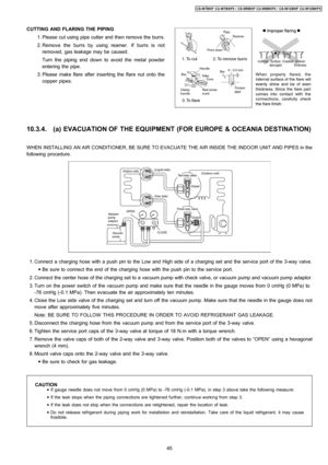 Page 45CUTTING AND FLARING THE PIPING
 1. Please cut using pipe cutter and then remove the burrs.
 2. Remove the burrs by using reamer. If burrs is not
removed, gas leakage may be caused.
Turn the piping end down to avoid the metal powder
entering the pipe.
 3. Please make flare after inserting the flare nut onto the
copper pipes.
10.3.4. (a) EVACUATION OF THE EQUIPMENT (FOR EUROPE & OCEANIA DESTINATION)
WHEN INSTALLING AN AIR CONDITIONER, BE SURE TO EVACUATE THE AIR INSIDE THE INDOOR UNIT AND PIPES in the...