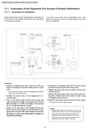 Page 5011.1.1. Evacuation of Installation
WHEN INSTALLING AN AIR CONDITIONER, BE SURE TO
EVACUATE THE AIR INSIDE THE INDOOR UNIT AND PIPES
in the following procedure.
 1. Connect a charging hose with a push pin to the Low
side of a charging set and the service port of a 3-way
valve.
 • Be sure to connect the endof the charging hose with the
push pin to the service port.
 2. Connect the centre hose of the charging set to a
vacuum pump.
 3. Turn on the power switchof the vacuum pump and
make sure that the needle...