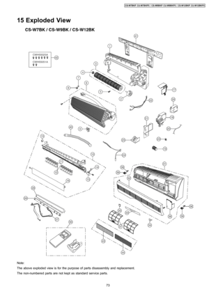 Page 7315 Exploded View
Note:
The above exploded view is for the purpose of parts disassembly and replacement.
The non-numbered parts are not kept as standard service parts.
73
CS-W7BKP CU-W7BKP5 / CS-W9BKP CU-W9BKP5 / CS-W12BKP CU-W12BKP5 