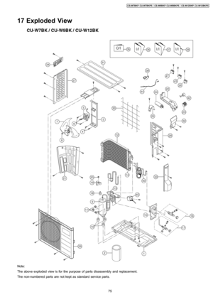 Page 7517 Exploded View
Note:
The above exploded view is for the purpose of parts disassembly and replacement.
The non-numbered parts are not kept as standard service parts.
75
CS-W7BKP CU-W7BKP5 / CS-W9BKP CU-W9BKP5 / CS-W12BKP CU-W12BKP5 