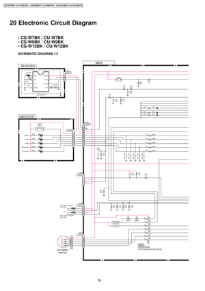 Page 7820 Electronic Circuit Diagram
SCHEMATIC DIAGRAM 1/3
• CS-W7BK / CU-W7BK
• CS-W9BK / CU-W9BK
• CS-W12BK / CU-W12BK
(PH10)
10 7
12 5 11 69
g
f
e
CN-STM
3
4
5 5 4 3
2
(PH5)
(ZH5)
AIR TEMP. SENSOR
(15k 3950)
(20k 3950)PIPE TEMP. SENSOR
RECEIVER
INDICATOR
a bc d
CN-DISP
7 6
5 4 3 1
2
1
83 14
2 15
1 164 13 (PH4)IC05
A52A2003GR
STEPPING MOTOR DRIVE
0.1µ C08
– +15k R330.01µ C22
10k R58
1k R59
R04R30
20k+
–C04
0.1µ
(CR3)PH302C
330
0.01µ
0.01µ
FO VCC2OUT VCC1
GND CO IN- IN+
47µ 6.3V– +137k
µPC2800AGR5 6 7 84
3 2...