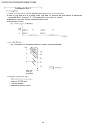 Page 28Quiet Operation Control
(For Heating Mode)
 • Purpose of this operation is to provide quite heating operation compare to normal operation.
 • W hen the Quiet Mode is set at the remote control, Quiet Mode LED illuminates, the sound level will be automatically
decreased 2 dB (Lo), decreased 3 dB (Hi, Me), against the present sound level operation.
 • Quiet setting of fan speed rpm refer to Indoor Fan Speed Control.
 • Manual Airflow Direction:-
 − Rpm control during Lo, Me & Hi Cool
 • Auto Airflow...