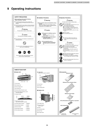 Page 399 Operating Instructions
SAFETY PRECAUTIONS
Before operating, please read the following
“Safety Precautions” carefully.
To prevent personal injury, injury to others and
property damage, the following instructions must be
followed.
Incorrect operation due to failure to follow instructions
will cause harm or damage, the seriousness of which
is classified as follow:
! WarningThis sign warns of death or serious injury.
! CautionThis sign warns of damage to property.
The instructions to be followed are...