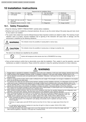 Page 4410 Installation Instructions
Required tools for Installation Works
1.Philips screw driver5.Spanner9.Gas leak detector13.Multimeter
2.Level gauge6.Pipe cutter10.Measuring tape14.Torque wrench
18 N.m (1.8 kgf.m)
42 N.m (4.2 kgf.m)
55 N.m (5.5 kgf.m)
3.Electric drill, hole core drill
(ø70 mm)7.Reamer11.Thermometer15.Vacuum pump
4.Hexagonal wrench (4 mm)8.Knife12.Megameter16.Gauge manifold
10.1. Safety Precautions
 • 
Read the followin g“SAFET Y PRECA UTIONS”carefully before installation.
 • 
Electrical work...