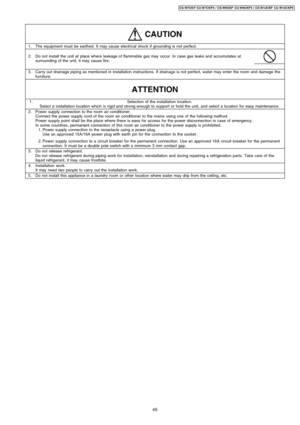 Page 451.The equipment must be earthed. It may cause electrical shock if grounding is not perfect.
2.Do not install the unit at place where leakage of flammable gas may occur. In case gas leaks and accumulates at
surrounding of the unit, it may cause fire.
3.Carry out drainage piping as mentioned in installation instructions. If drainage is not perfect, water may enter the room and damage the
furniture.
1.Selection of the installation location.
Select a installation location which is rigid and strong enough to...