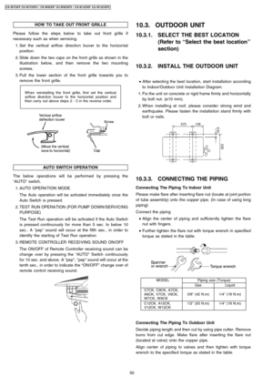 Page 50HOW TO TAKE OUT FRONT GRILLE
Please follow the steps below to take out front grille if
necessary such as when servicing.
 1. Set the vertical airflow direction louver to the horizontal
position .
 2. Slide down the two caps on the front grille as shown in the
illustration below, and then remove the two mounting
screws.
 3. Pull the lower section of the front grille towards you to
remove the front grille.
Whenreinstalling the front grille, first set the vertical
airflow direction louver to the horizontal...