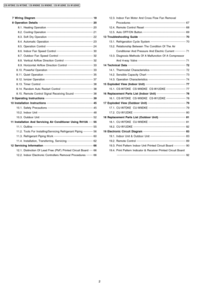 Page 2 7 Wiring Diagram 18
 8 Operation Details 
20
 8.1. Heating Operation 
20
 8.2. Cooling Operation 
21
 8.3. Soft Dry Operation 
22
 8.4. Automatic Operation 
23
 8.5. Operation Control 
24
 8.6. Indoor Fan Speed Control 
30
 8.7. Outdoor Fan Speed Control 
32
 8.8. Vertical Airflow Direction Control 
32
 8.9. Horizontal Airflow Direction Control 
33
 8.10. Powerful Operation 
33
 8.11. Quiet Operation 
35
 8.12. Ionizer Operation 
37
 8.13. Timer Control 
38
 8.14. Random Auto Restart Control 
38
 8.15....