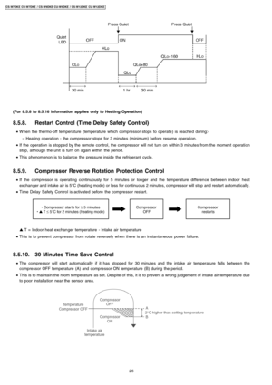 Page 26(For 8.5.8 to 8.5.16 information appliesonly toHeating Operation)
8.5.8. Restart Control (Time Delay Safety Control)
 • W hen the thermo-off temperature (temperature which compressor stops to operate) is reached during:-
 − Heating operation - the compressor stops for 3 minutes (minimum) before resume operation.
 • If the operation is stopped by the remote control, the compressor will not turn on within 3 minutes from the moment operation
stop, although the unit is turn on again within the period.
 •...